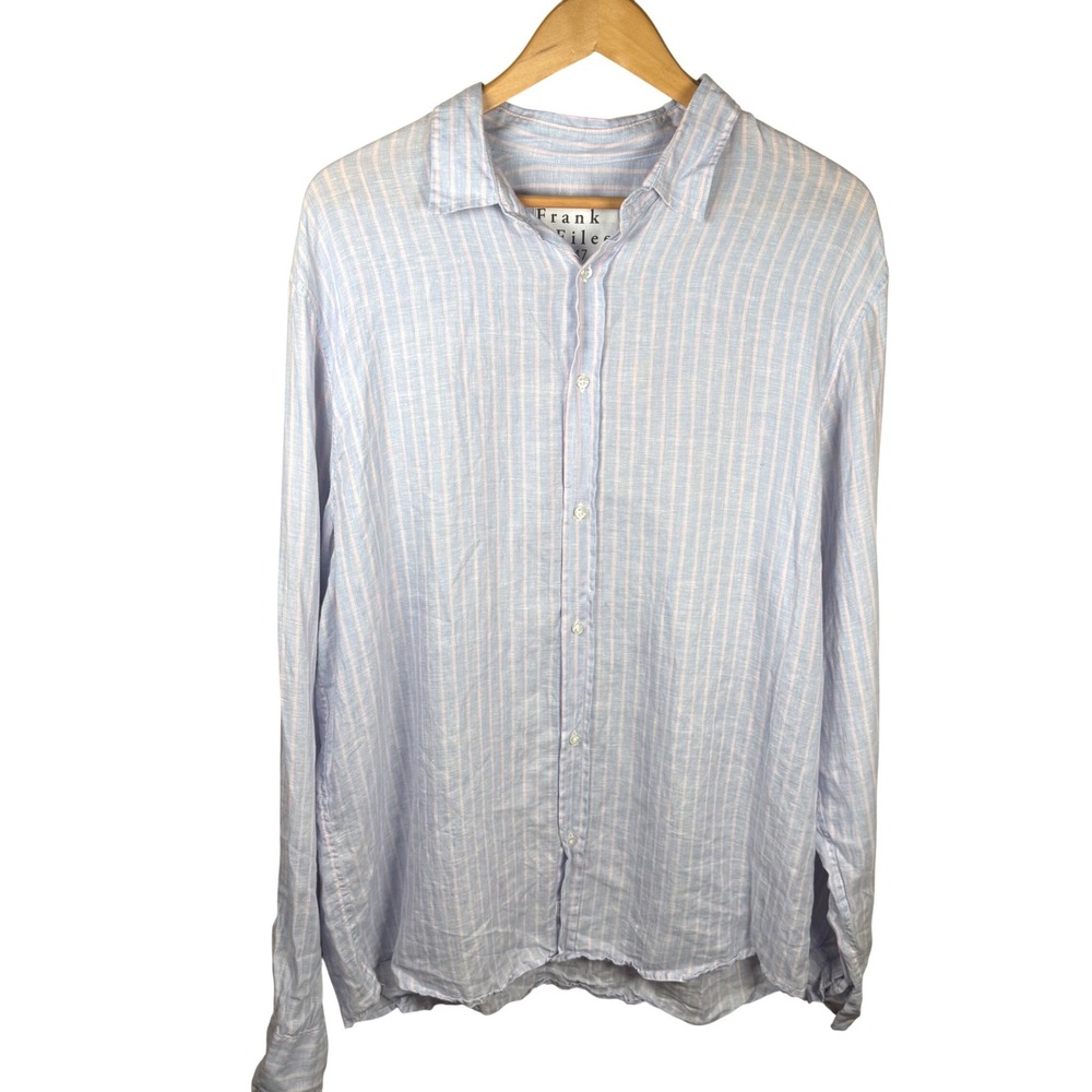 Frank & Eileen Paul Mens XXL Blue Pink Linen Button Down Striped Shirt Preppy